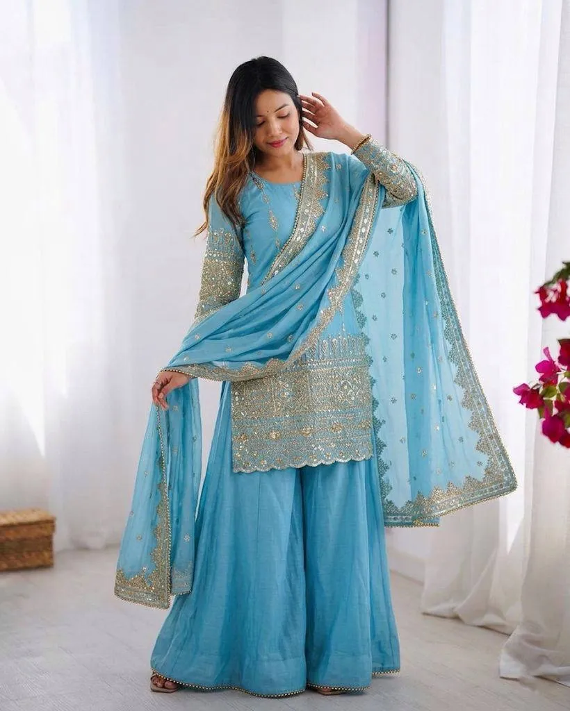 Sabina 430 Vichitra Silk Skyblue Embroidery Designer Sharara Suit Set