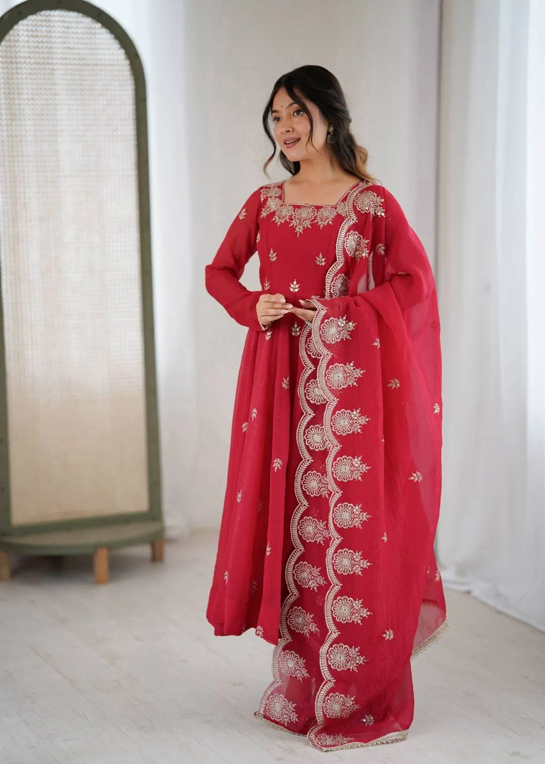 Sabina 5011 Crunchy Silk Sequence Embroidery Anarkali Gown Pant Dupatta