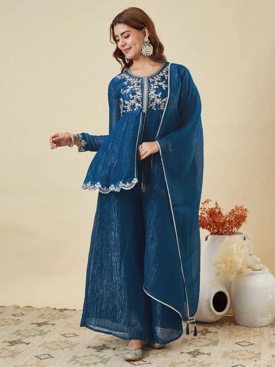 Beauty J 1025 Crunchy Silk Embroidery Designer Party Wear Top Sharara