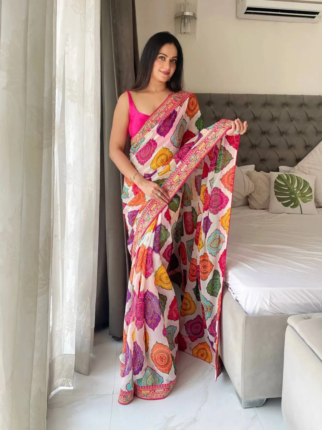 Kiara Sakhi4 Georgette Bandhej Printed Embroidery Party Wear Saree