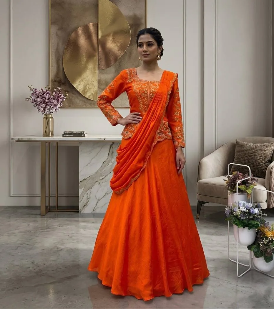 BV 407 Chinon Mirror Embroidery Work Orange Ready To Wear Saree Online Shopping