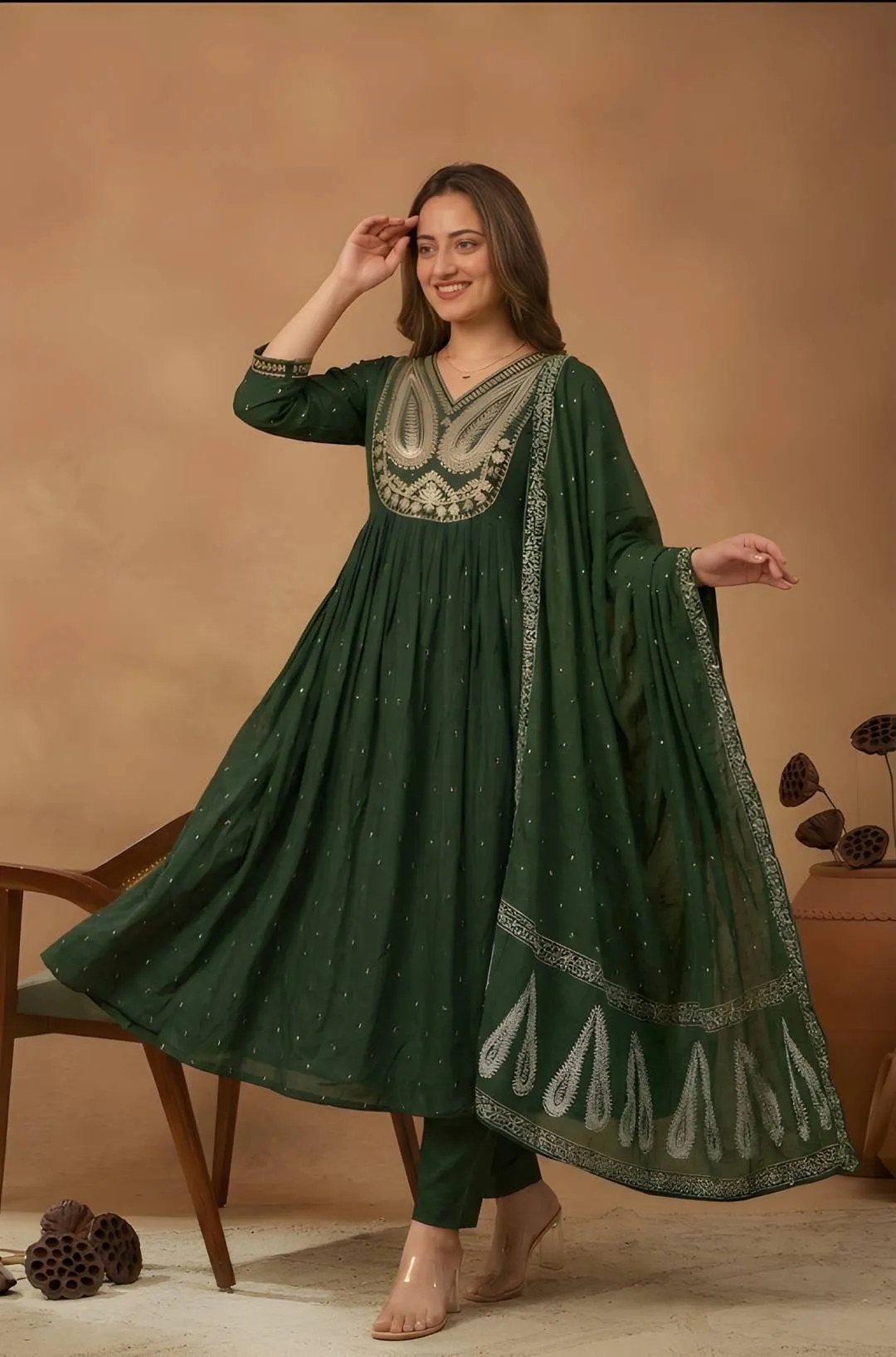 Shiv 3013 Cotton Embroidery Forest Green Festival Anarkali Gown