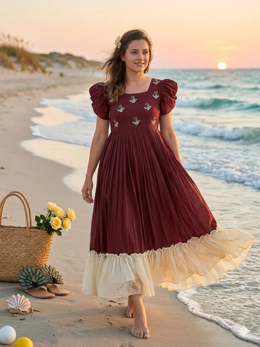 ZT 221 Mul Cotton Marron Maggam Work Frock Wholesale Market in Mumbai