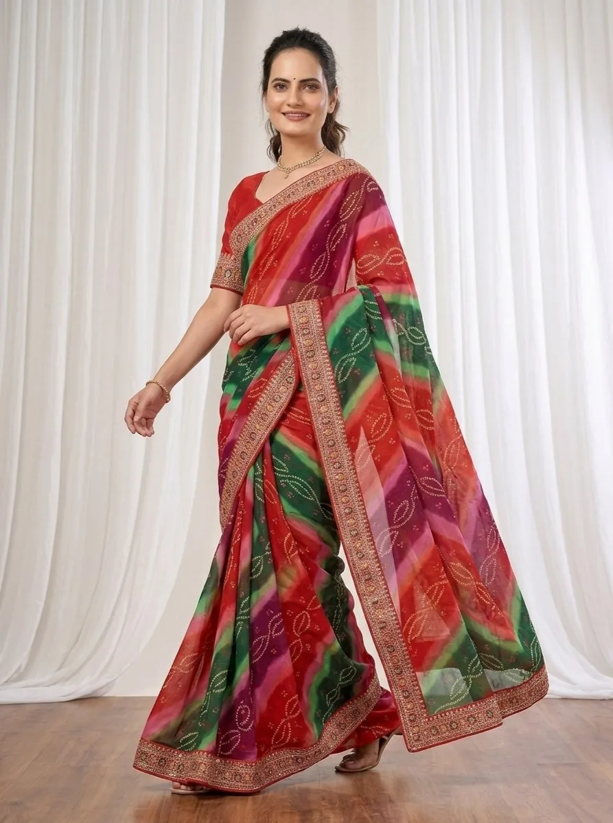 Kiara Savan Georgette Bandhej Printed Embroidery Work Saree