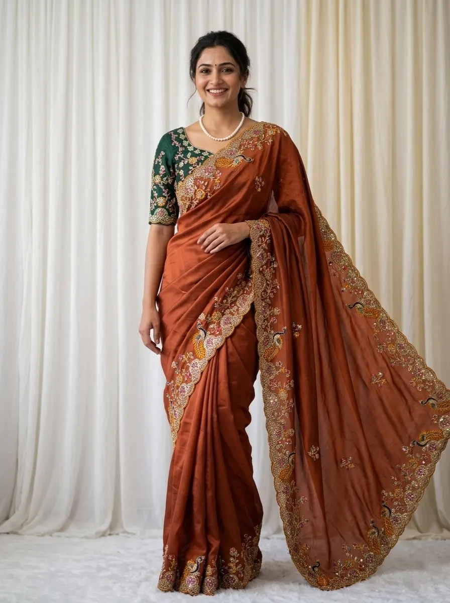 Kiara Morla Rangoli Silk Embroidery Orange Saree Collection