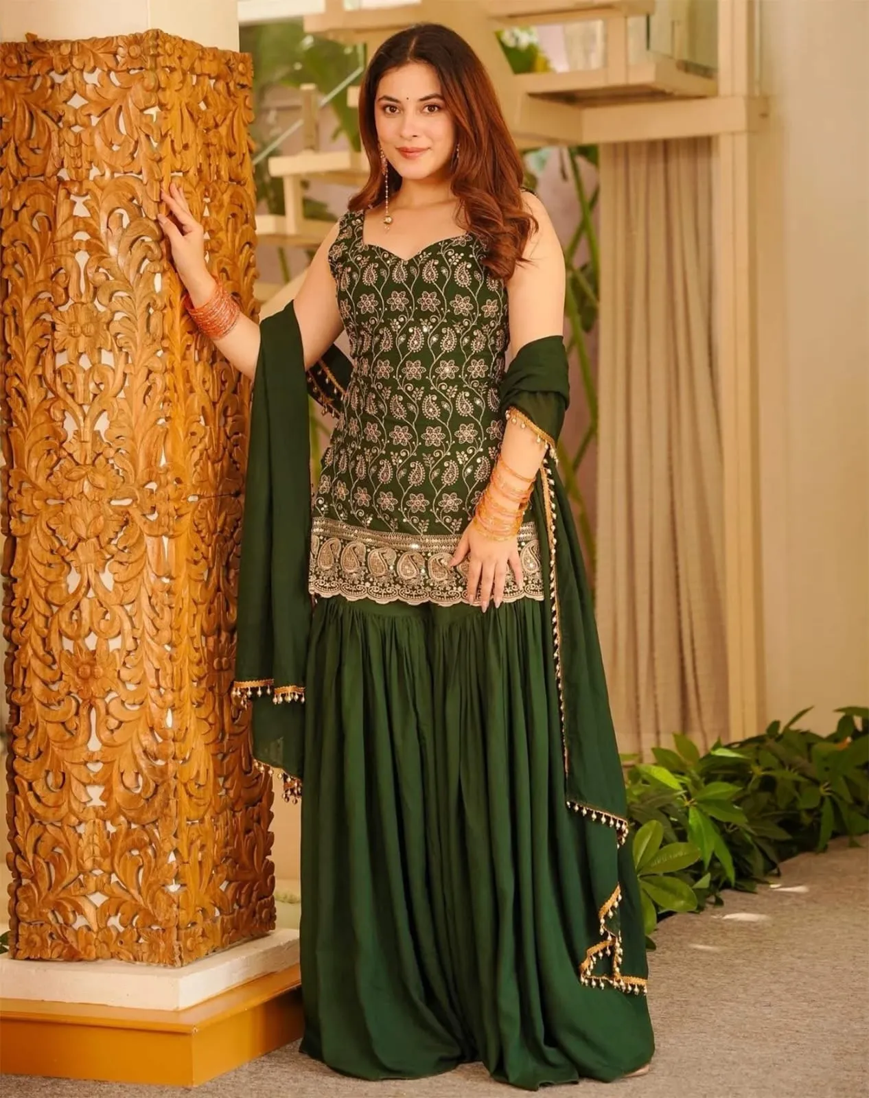 FFD French Crape Embroidery Green Festival Gharara Suit