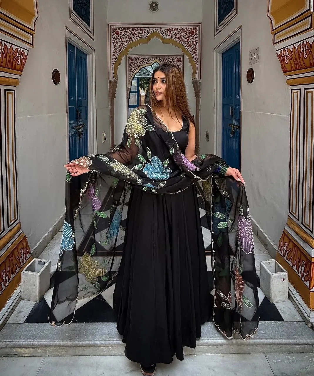 Deepika 6035 Crep Black Party Wear Anarkali Gown Pant With Dupatta