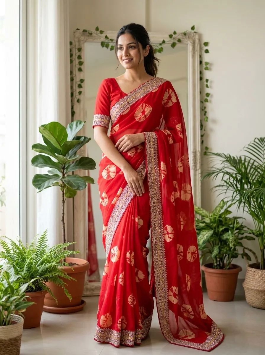 Kiara Suryamukhi Georgette Bandhej Printed Embroidery Saree Collection