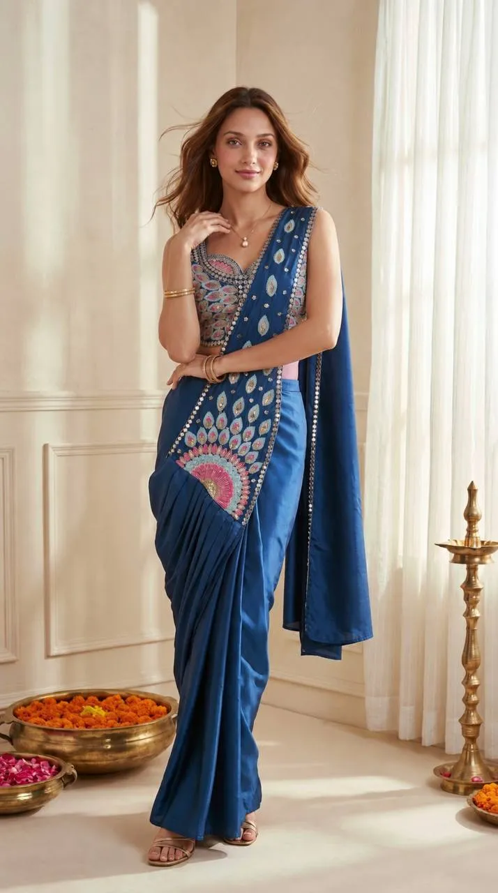 BDB 79 Crep Silk Embroidery Thread Work Wedding Ready To Wear Saree