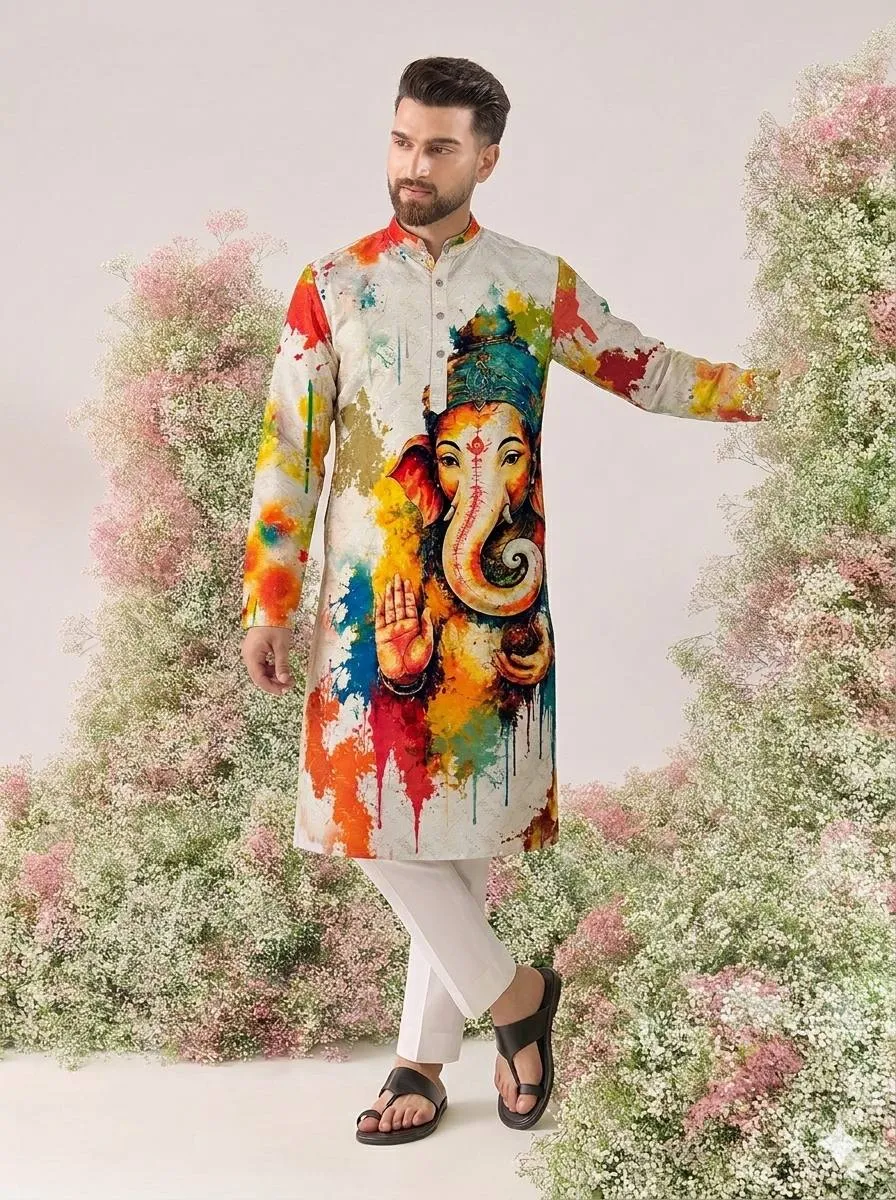 Kiara Cotton Crochet Sequance Ganesha Printed Men Kurta Collection