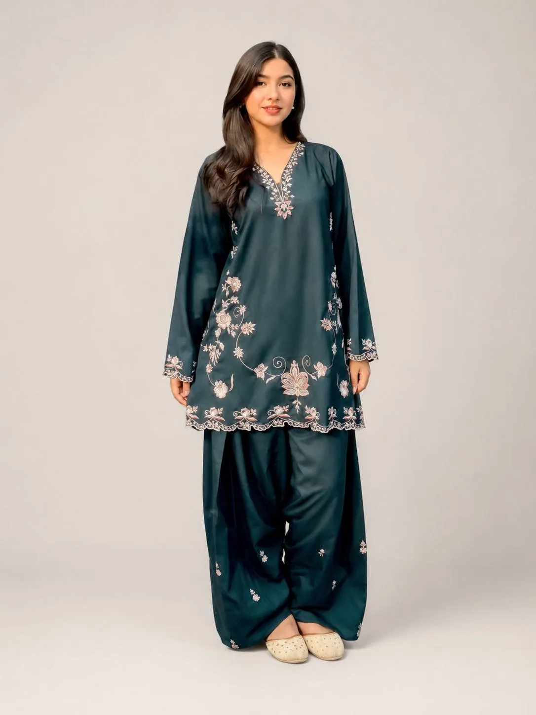 C585 1483 French Crap Thread Embroidery Work Farshi Co Ord Set