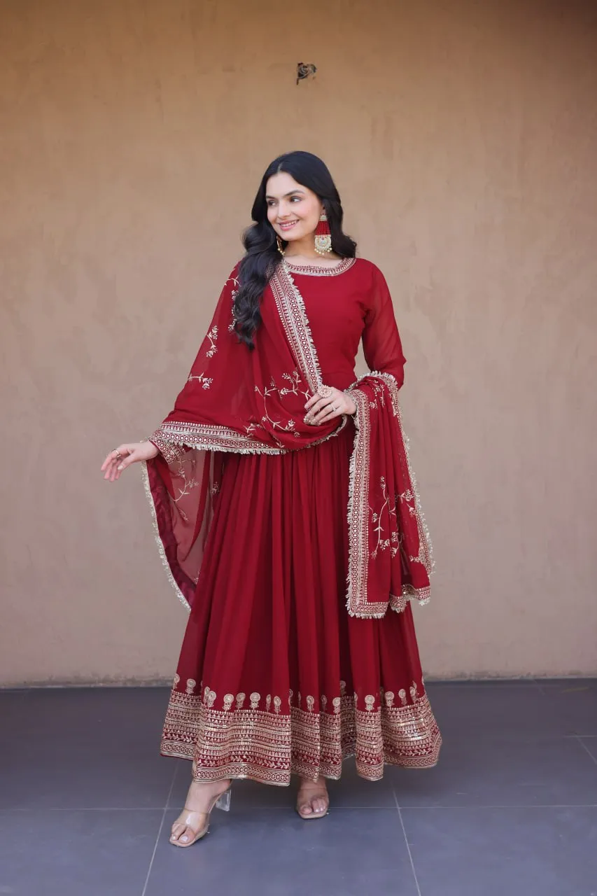 Moni 1256 Blooming Embroidery Zari Work Maroon Gown Market in Surat
