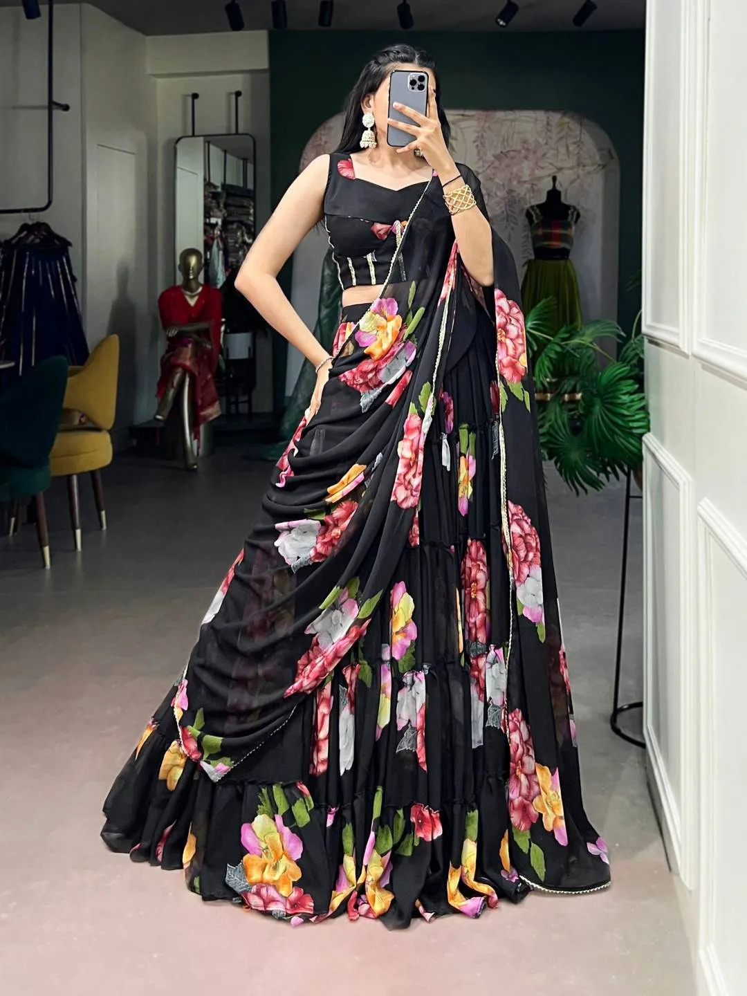 WMN 1254 Chiffon Printed Party Wear Ruffle Lehenga Choli