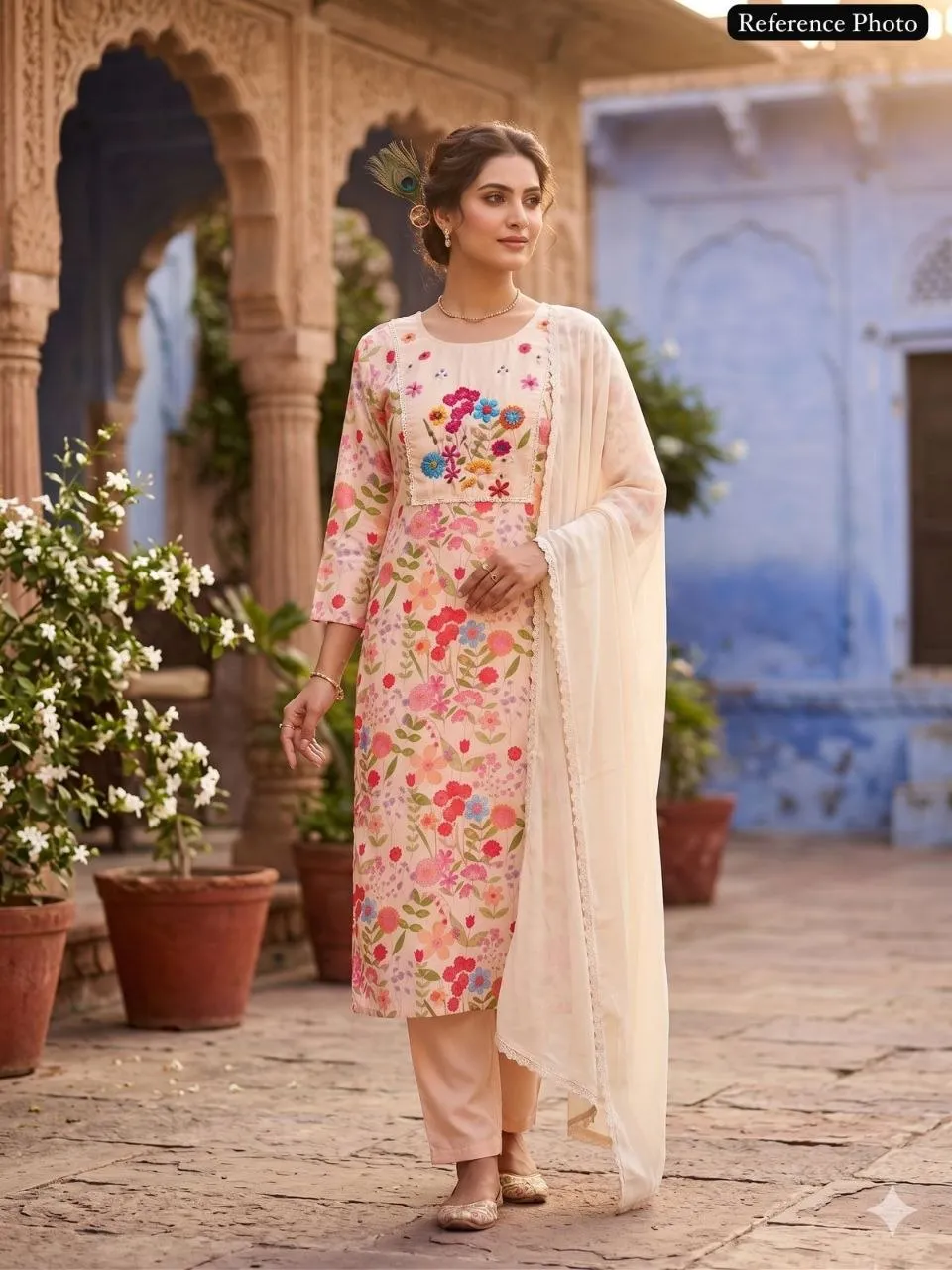 KR 421 Linen Cotton Hand Thread Work Kurti Pant Dupatta Set