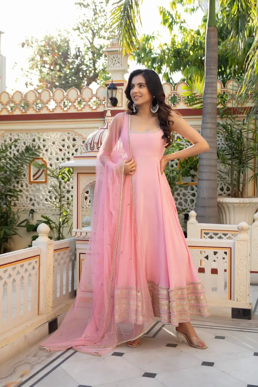 Deepika 6039 Natural Crep Moti Work Anarkali Gown Pant Dupatta