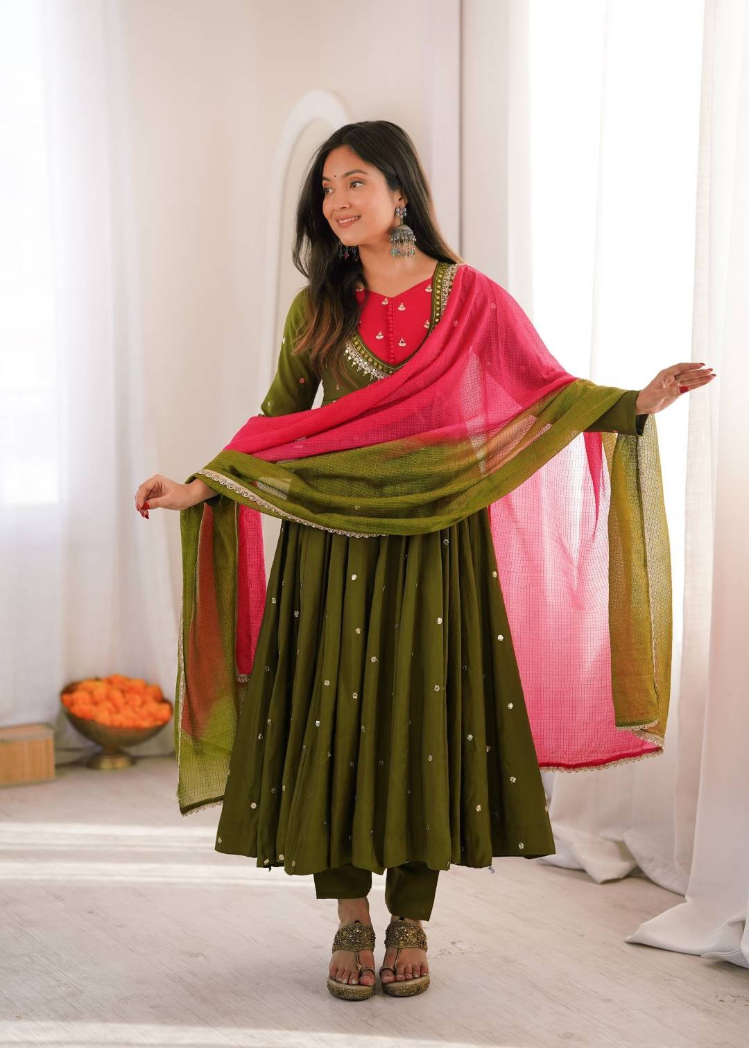 Sabina 5023 Roman Silk Embroidery Mirror Work Festival Anarkali Gown