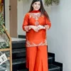 Launching Zarin 66 Natural Crepe Embroidery Party Wear Kurti Palazzo Set 2026