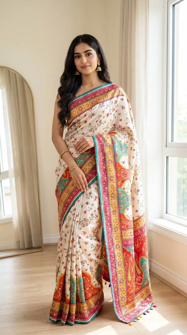 Beautiful WMS Silk Creap Printed Mirror Work Durgapuja Saree 2026