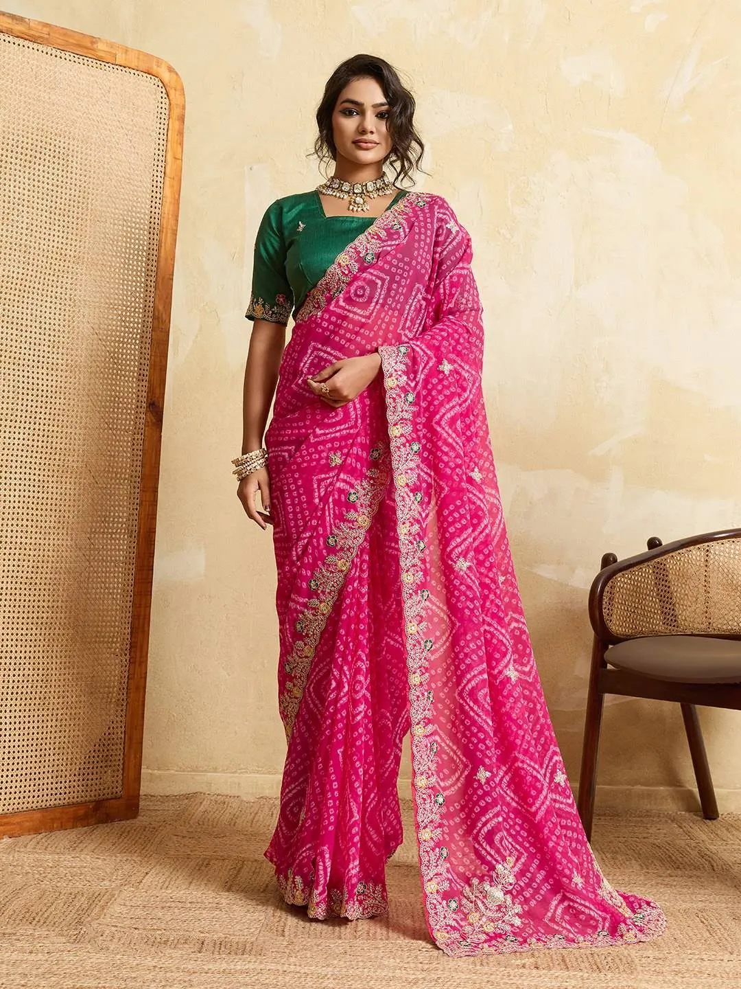 Beautiful Kiara Mavita Georgette Bandhej Printed Embroidery Work Saree 2026