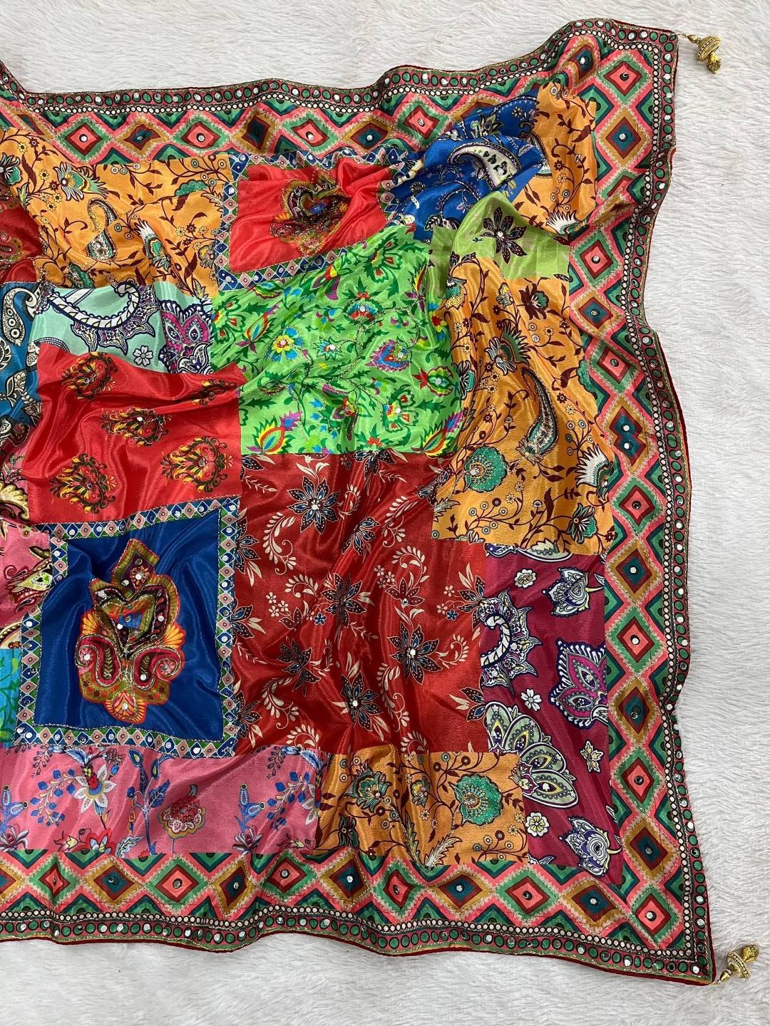 RBC Bluffy Chinon Silk Designer Kalamkari Printed Mirror Work Saree
