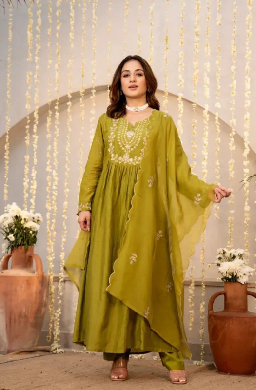 Launching ATQ Chanderi Silk Embroidery Sequence Work Anarkali Gown Pant Dupatta 2026