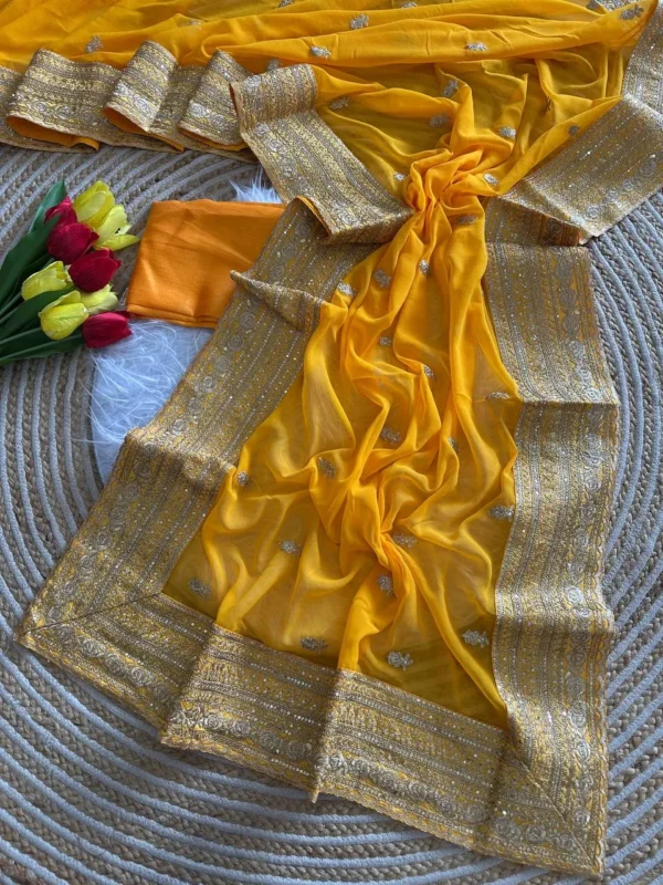 Latest MHV Rosy Embroidery Sequence Work Yellow Saree Collection 2026