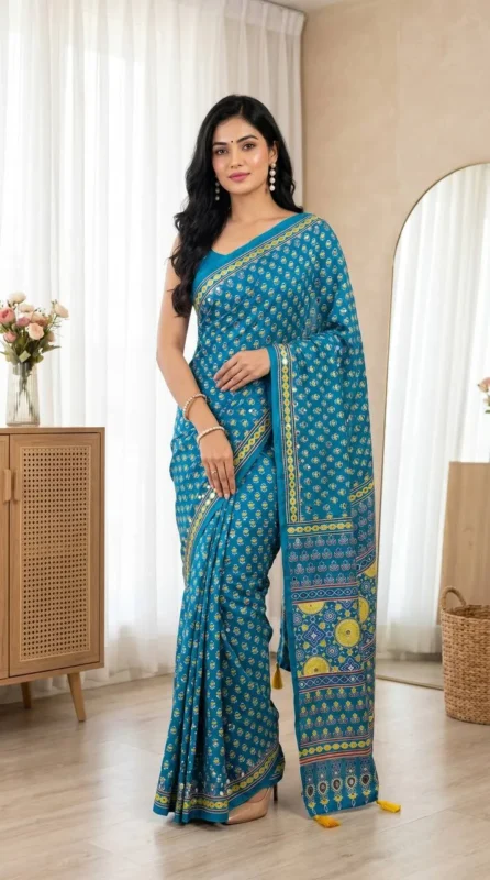 Latest WMS Silk Ajarakh Printed Mirror Work Saree Market in Surat 2026