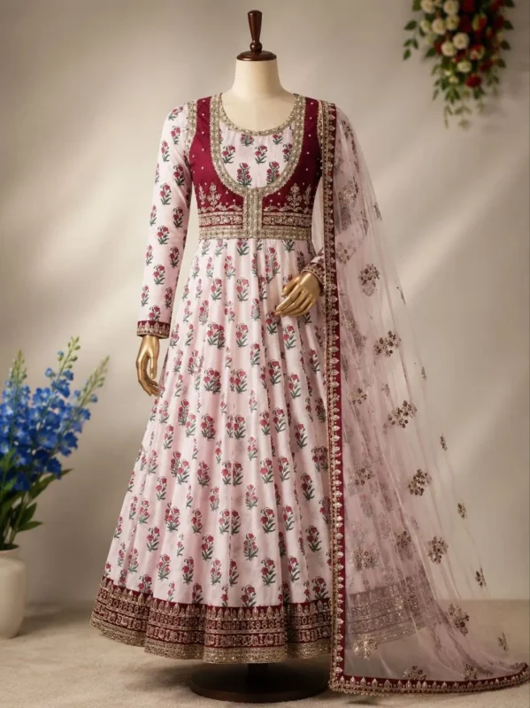 Launching Madhuri 268 Crepe Printed Embroidery Work Wedding Designer Gown 2026