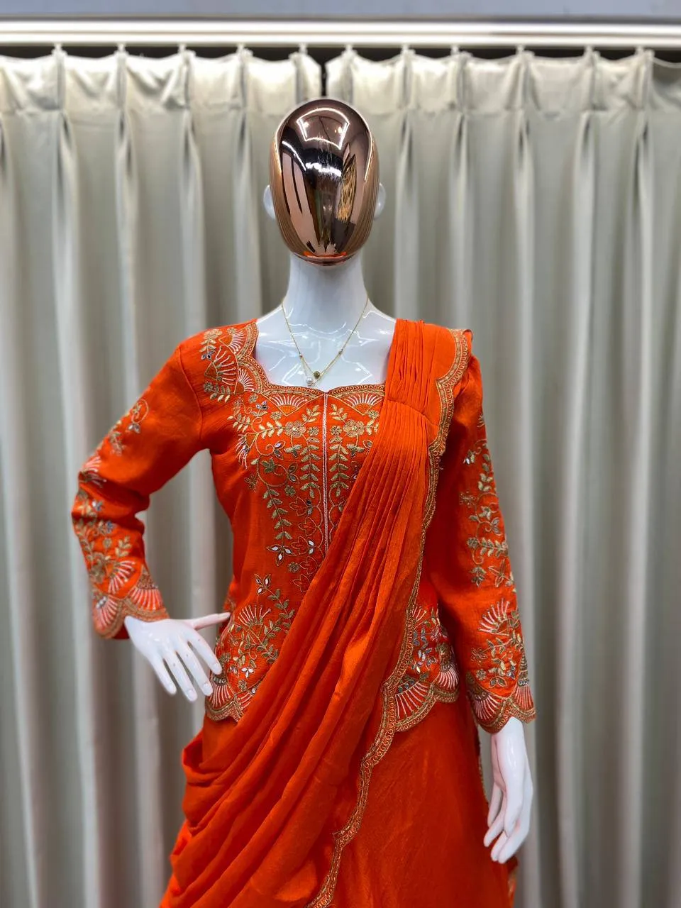 Stylish BV 407 Chinon Mirror Embroidery Work Orange Ready To Wear Saree Online Shopping 2026