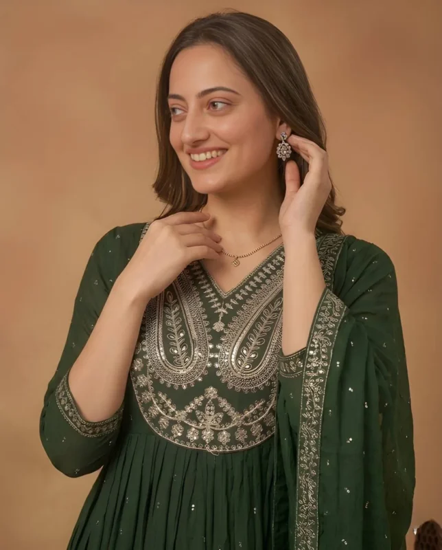 Stylish Shiv 3013 Cotton Embroidery Forest Green Festival Anarkali Gown 2026