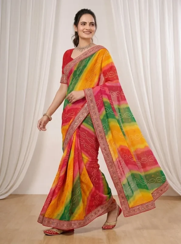 Beautiful Kiara Savan Georgette Bandhej Printed Embroidery Work Saree 2026