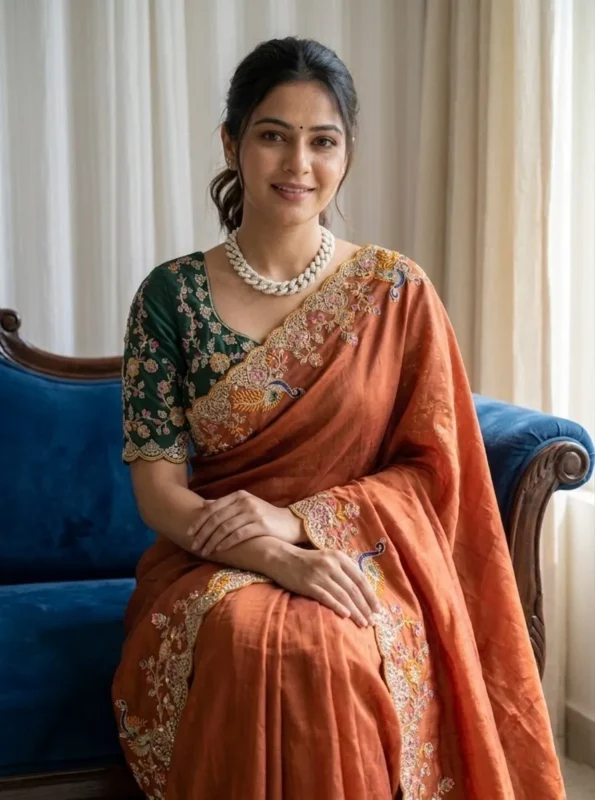Beautiful Kiara Morla Rangoli Silk Embroidery Orange Saree Collection 2026
