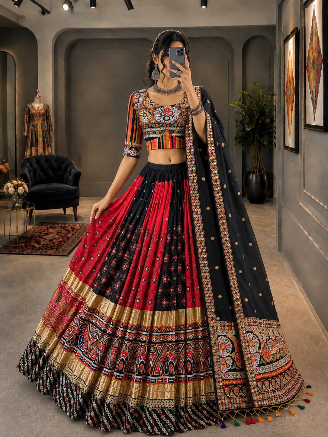 C585 174 Malai Silk Mirror Work Navratri Lehenga Choli 2026