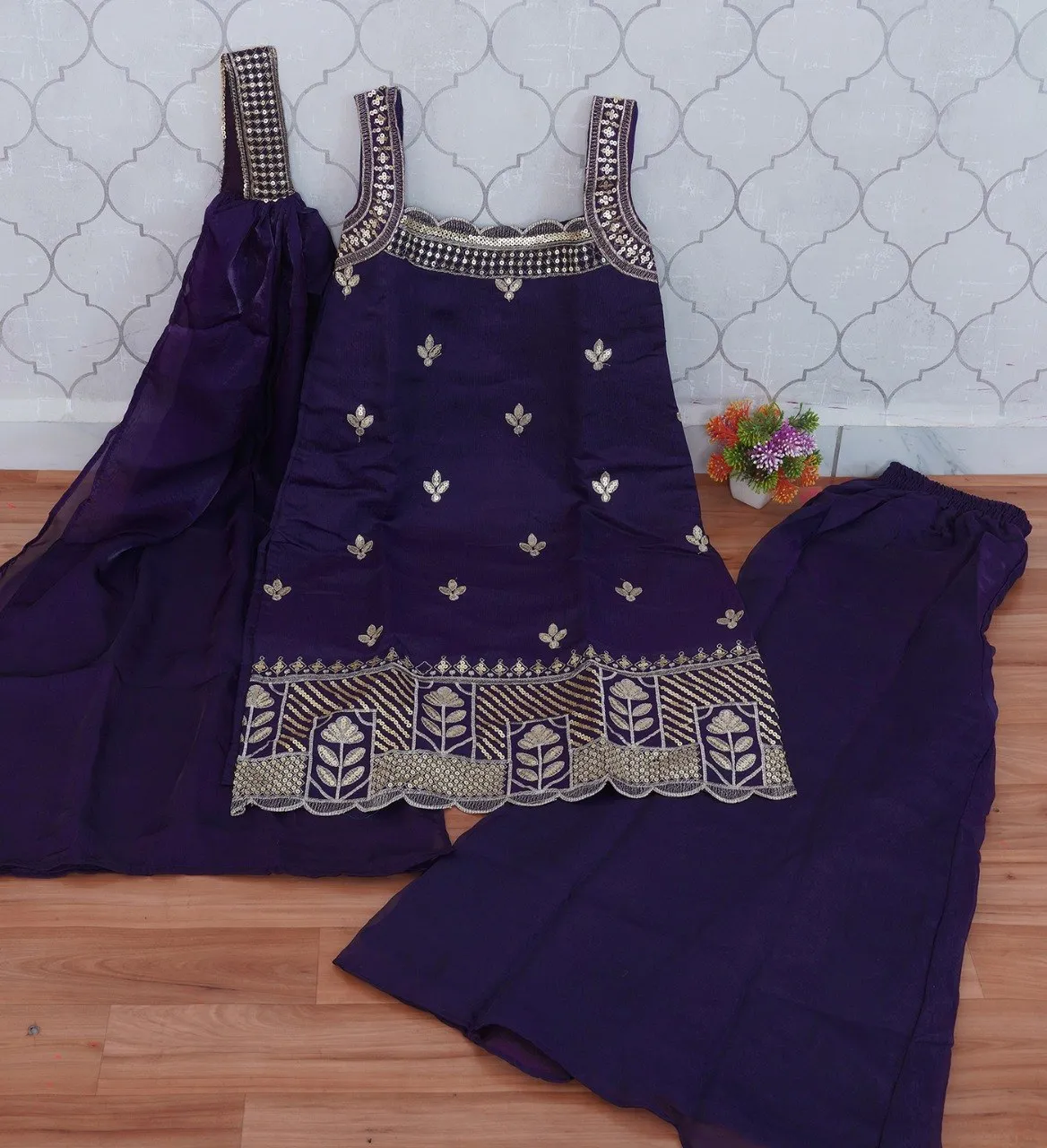 Stylish FFD Fandy Embroidery Work Wine Readymade Palazzo Suit 2026