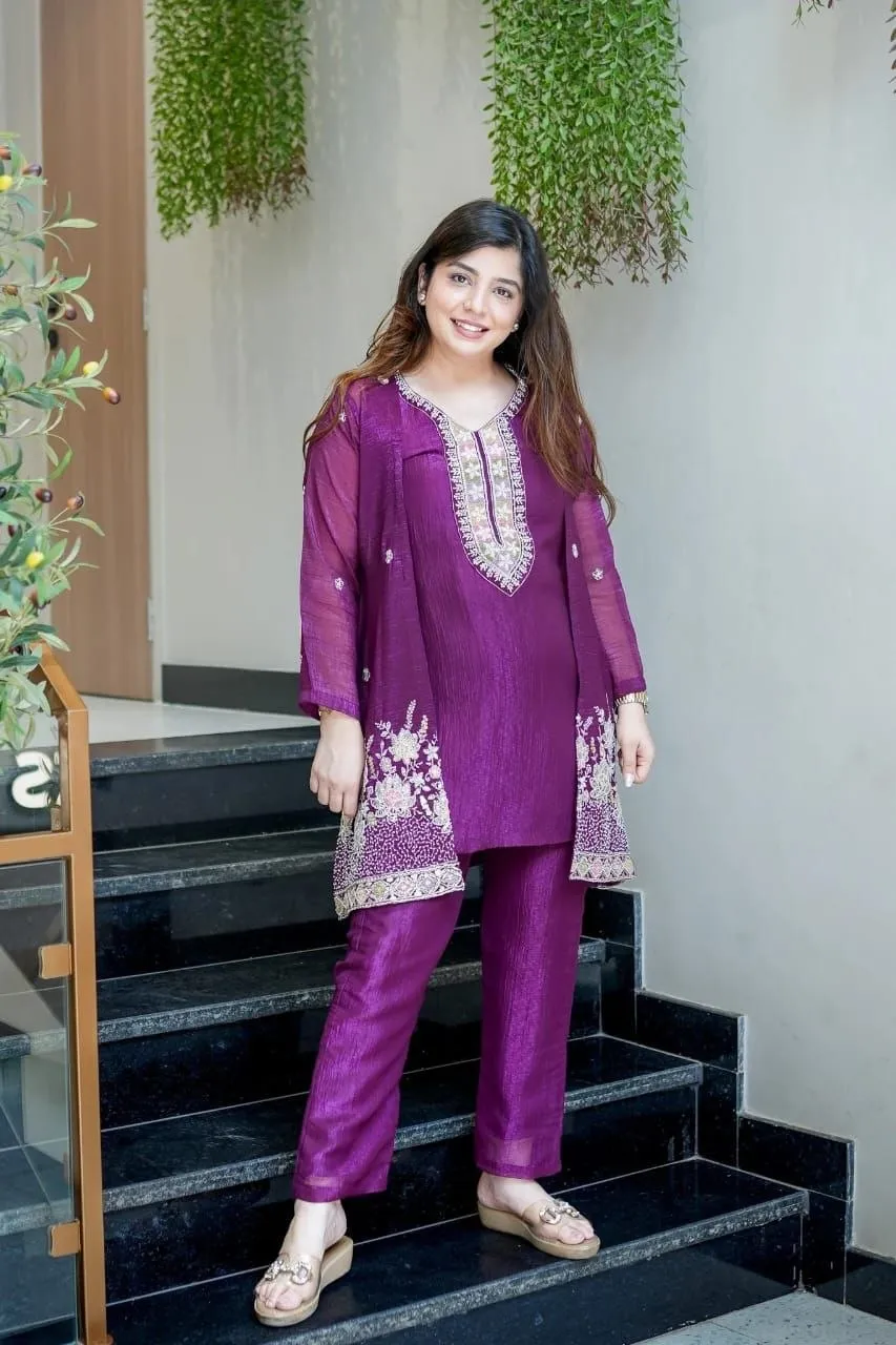 Latest Zarin Vadana Chinon Embroidery Work Kurti Pant Koti Set 2026