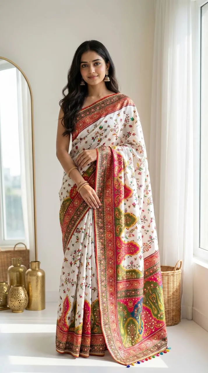 Beautiful WMS Silk Creap Printed Mirror Work Durgapuja Saree 2026