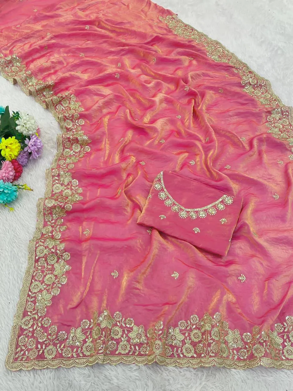 Stylish Kusum 818 Padmavati Fandy Satin Sequence Thread Work Saree 2026