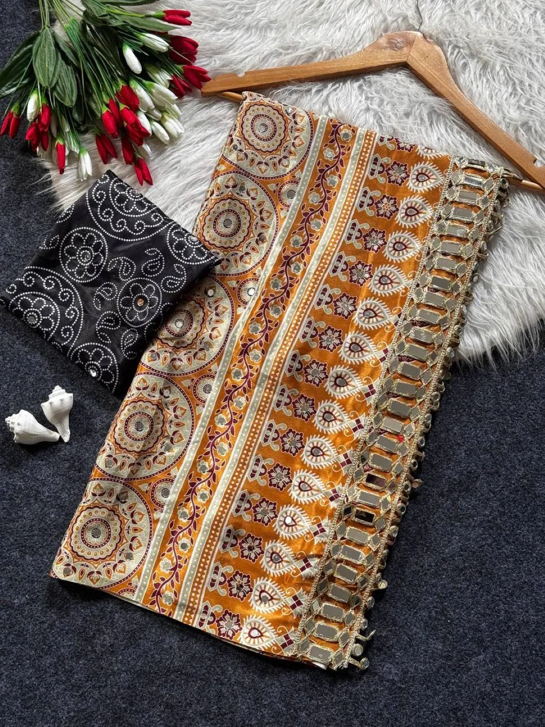 Beautiful WMS Satin Silk Ajarakh Printed Mirror Work Trending Festival Saree 2026