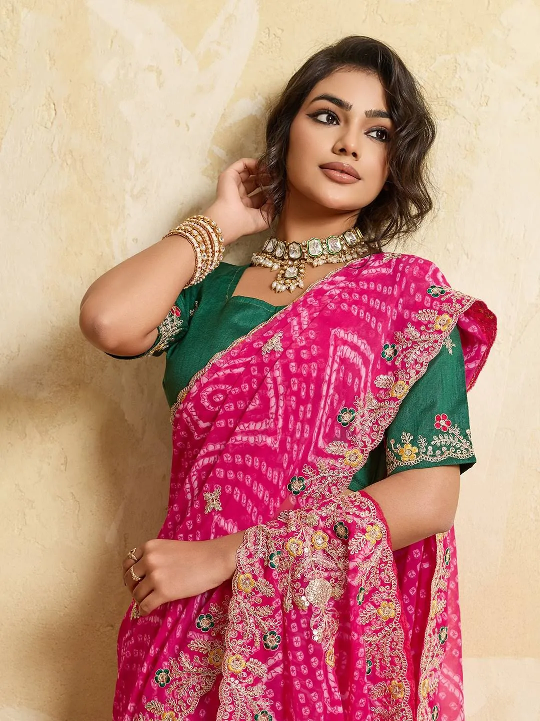 Beautiful Kiara Mavita Georgette Bandhej Printed Embroidery Work Saree 2026