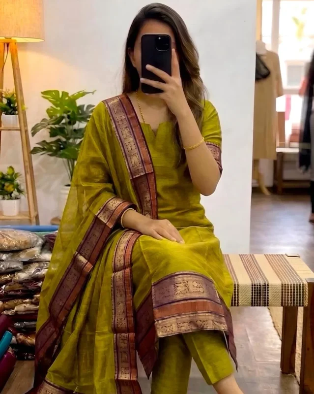 Buy Vally Kanchi Cotton Zari Weaving Work Festival Kurti Pant With Dupatta 2026