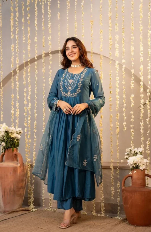 Launching ATQ Chanderi Silk Embroidery Sequence Work Anarkali Gown Pant Dupatta 2026