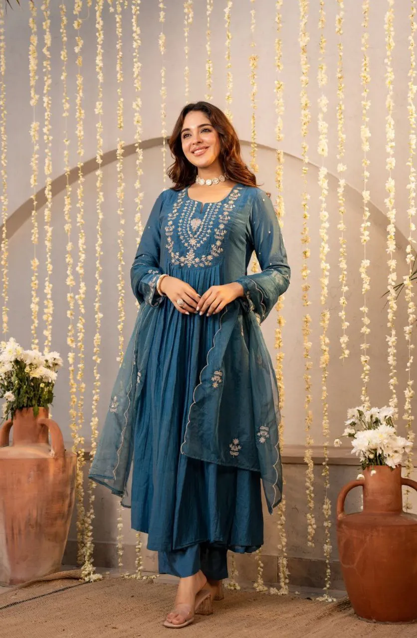 Launching ATQ Chanderi Silk Embroidery Sequence Work Anarkali Gown Pant Dupatta 2026