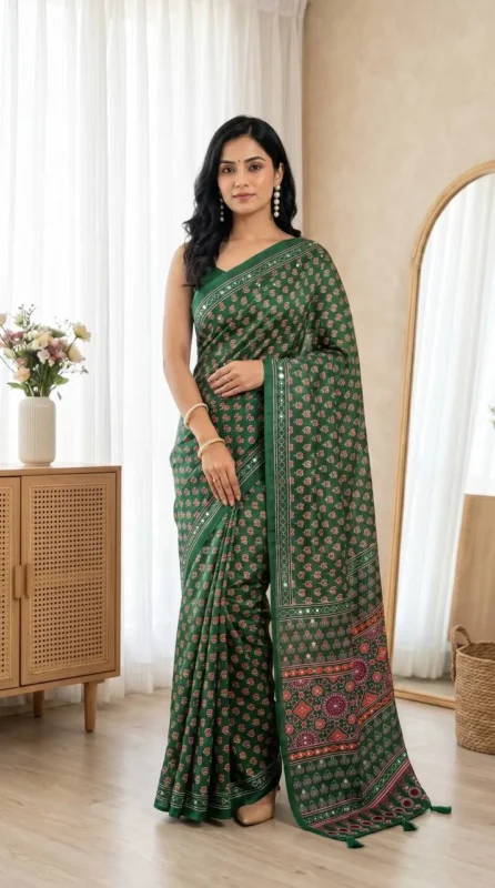 Latest WMS Silk Ajarakh Printed Mirror Work Saree Market in Surat 2026