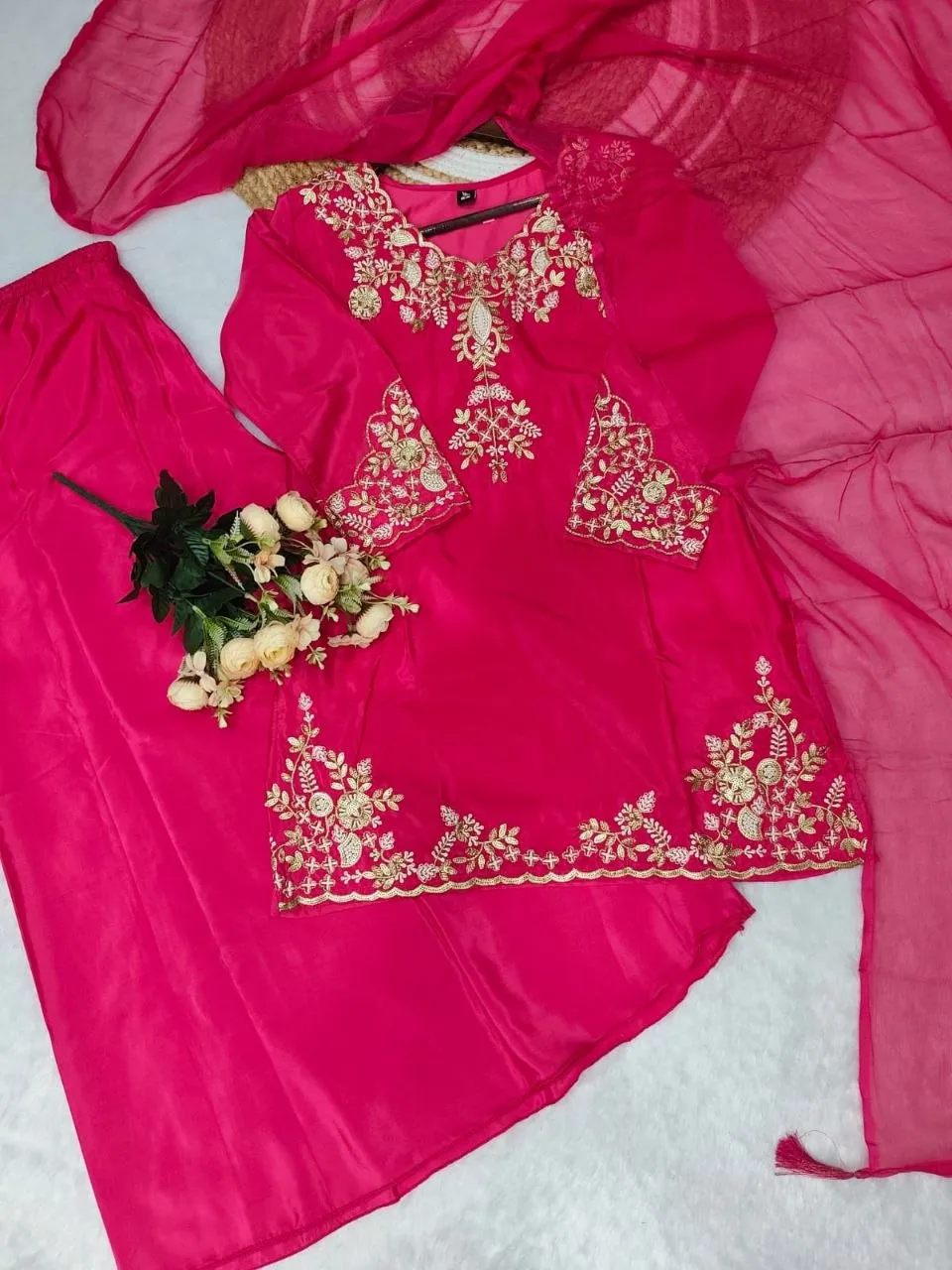 Launching Zarin 66 Natural Crepe Embroidery Party Wear Kurti Palazzo Set 2026