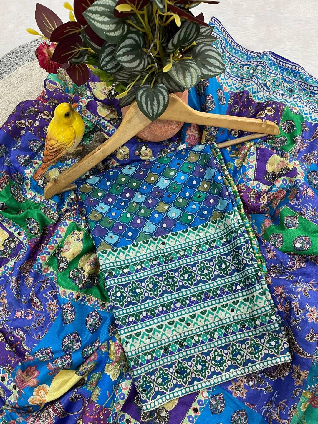 RBC Bluffy Chinon Silk Designer Kalamkari Printed Mirror Work Saree