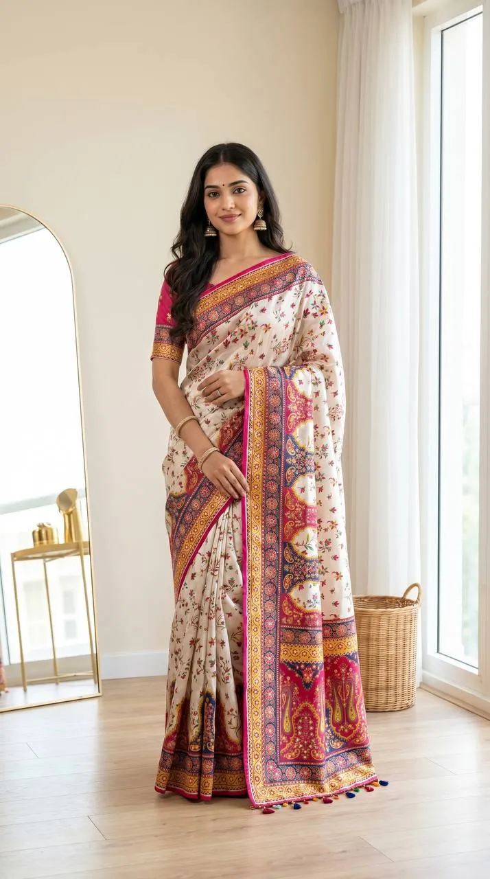 Beautiful WMS Silk Creap Printed Mirror Work Durgapuja Saree 2026