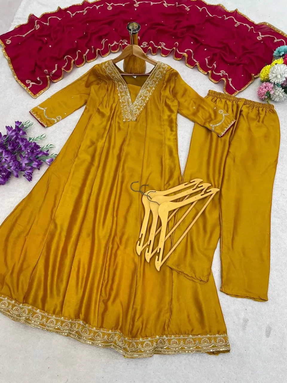 Beauty J 1023 Vichitra Silk Designer Embroidery Anarkali Gown Pant Dupatta