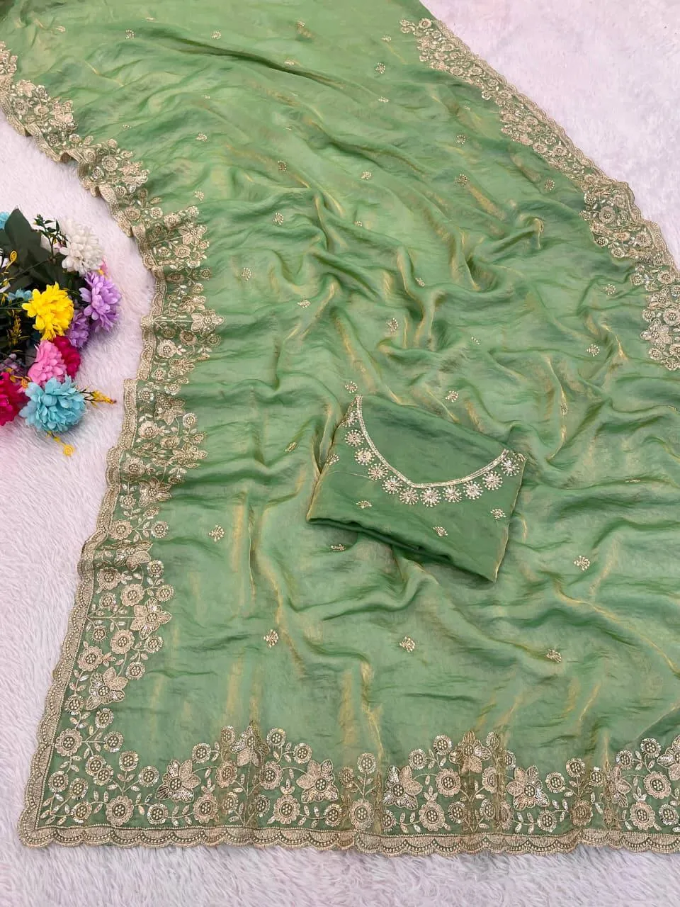 Stylish Kusum 818 Padmavati Fandy Satin Sequence Thread Work Saree 2026