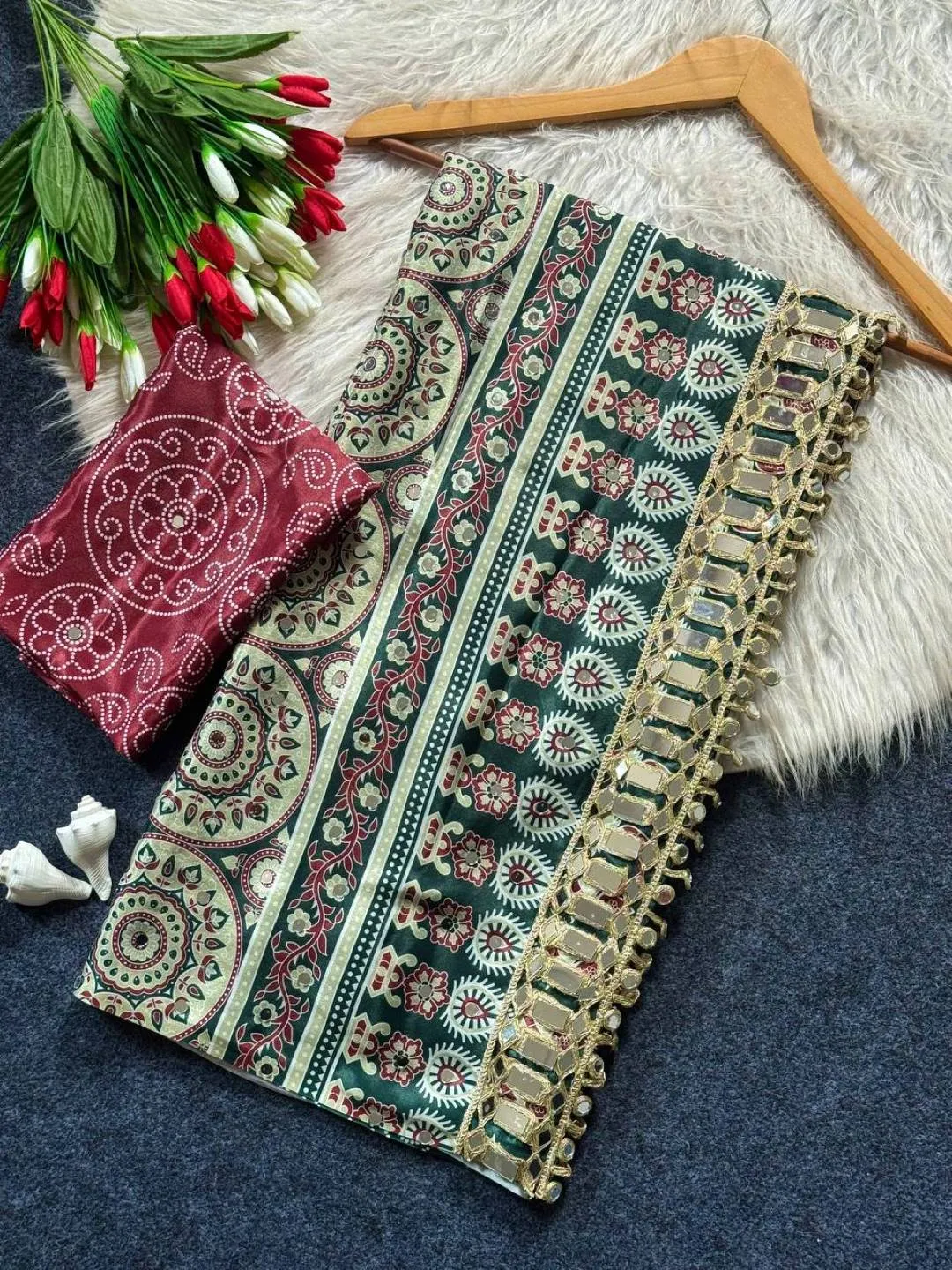 Beautiful WMS Satin Silk Ajarakh Printed Mirror Work Trending Festival Saree 2026