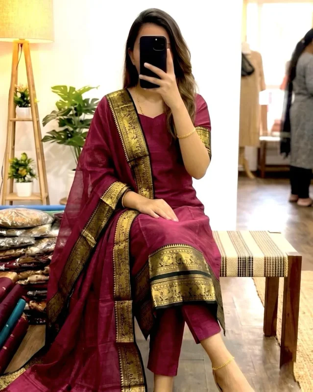 Buy Vally Kanchi Cotton Zari Weaving Work Festival Kurti Pant With Dupatta 2026